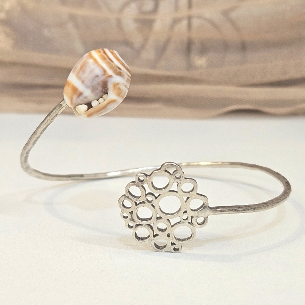 Sterling Silver & Natural Shell Hammered Bangle Bracelet